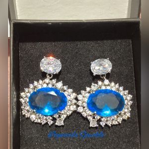 🦋Beautiful 
Oval Cut  Deep Vivid Blue CZ Diamond Drop Dangle Earrings